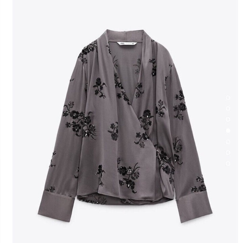 Zara Women's Gray Sequin Embroidered Wrap Blouse